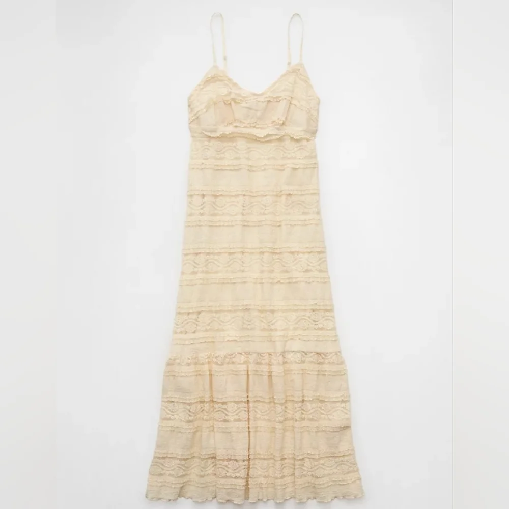 American Eagle Tiered Lace Midi Dress Graduation Maxi Off White Cream Ivory